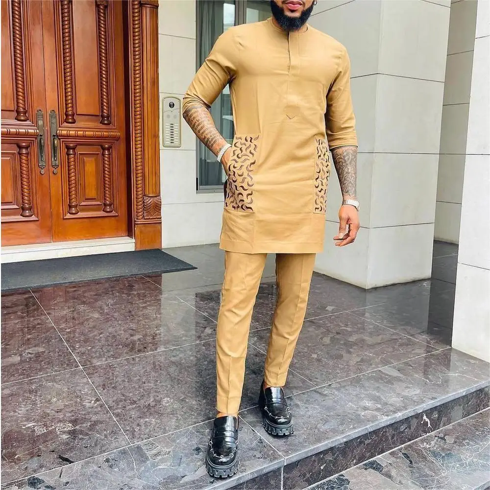 2024new Men\'s Elegant Tops and Pants Two-piece Set Printed Solid Color Round Neck Short-sleeved Suit Social African Ethnic Style