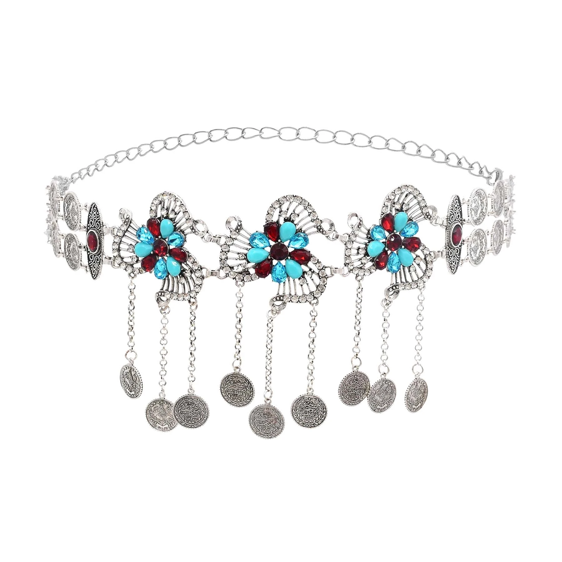 Retro Fashion Crystal Flower Coins Long Tassel Ethnic Belly Chains Gold Color Bohemian Beach Party Belts Sexy Metal Body Jewelry