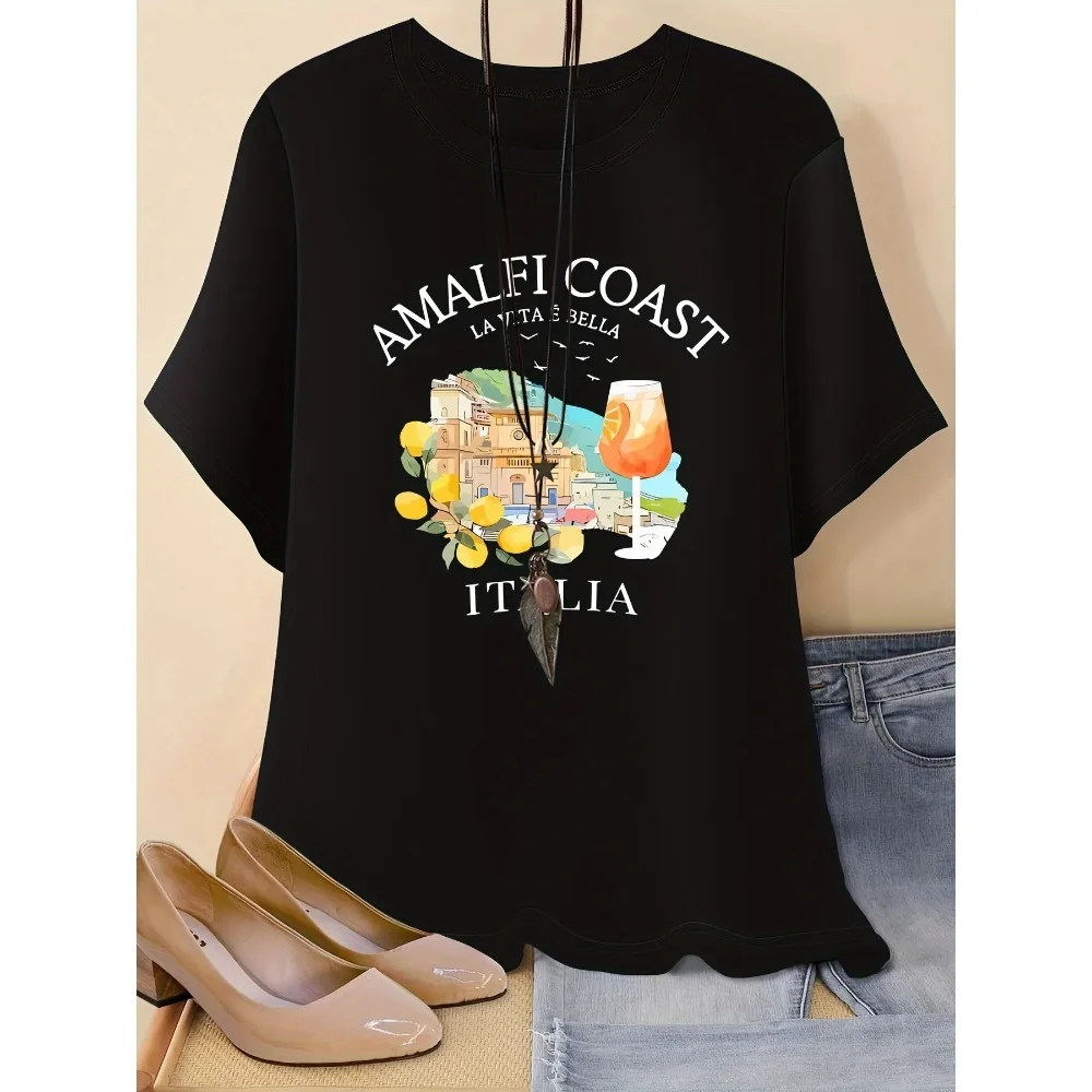

Stylish Italia Print Crew Neck Women's Short Sleeve Casual Summer Spring Top Summer Short Sleeved Harajuku Streetwear Tops Tees