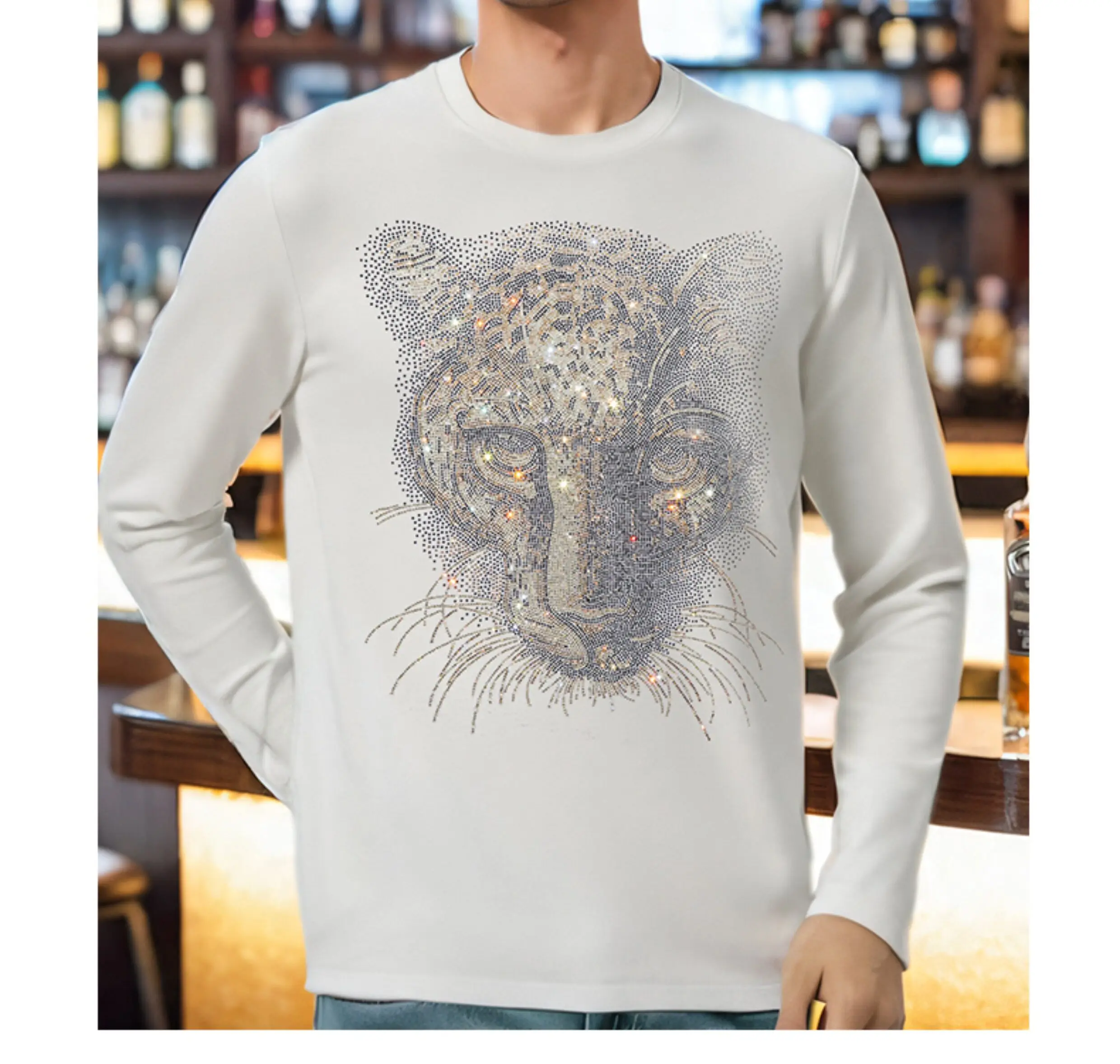 Retro American Street Style Men Long Sleeve T Shirt Black White Money Leopard Rhinestone Slim Fit Round Neck Casual Tops