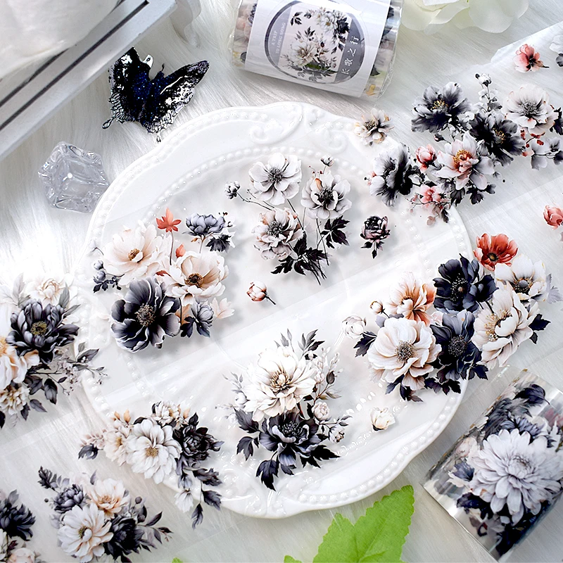 2M/rol pita hias gaya tinta pita hewan peliharaan bunga hitam dan putih untuk alat tulis jurnal perencana buku tempel pembuatan kartu