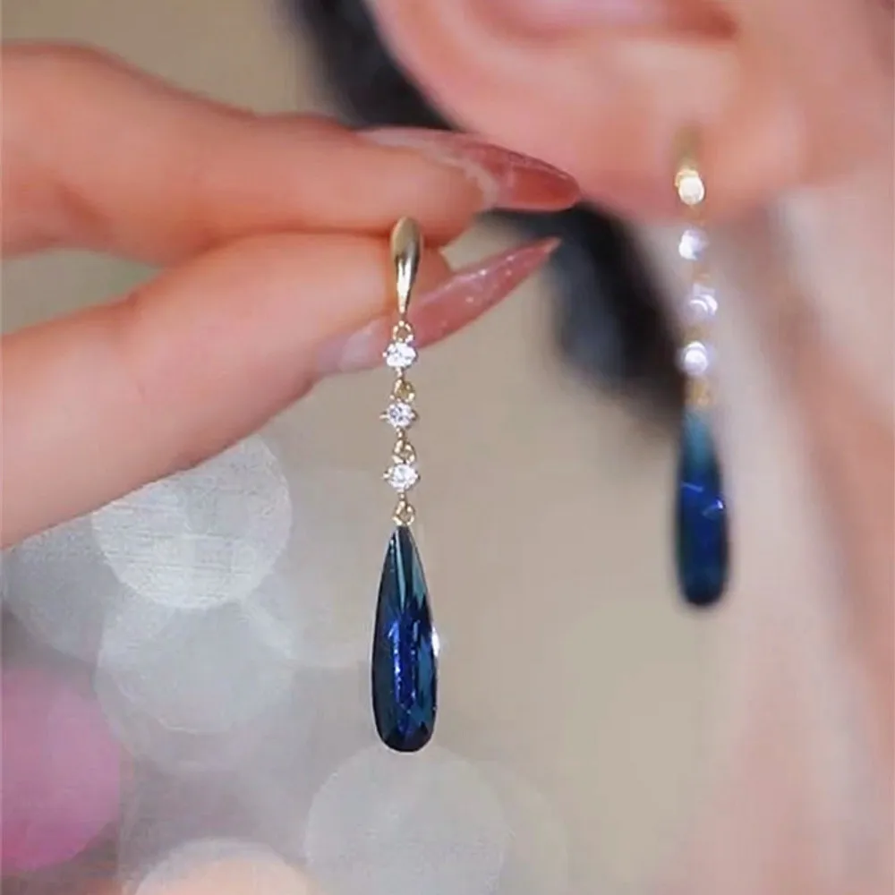 Trendy Shiny Blue Crystal Dangle Earrings For Women Fashion Simple Water Drop Pendant Earring Girl Party Wedding Jewelry Gifts