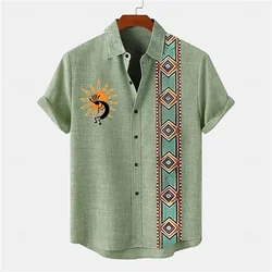 Summer Retro Totem Printed Shirt Ancient Civilization Pattern T-shirt Men's Temperament Button Short Sleeve Large Size T-shirt