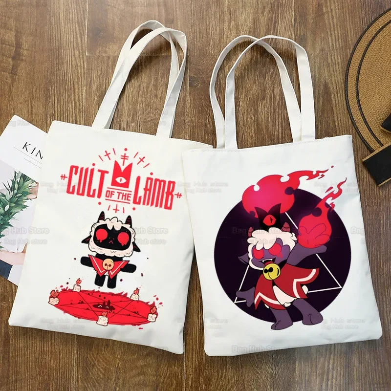 

Cartoon Cult of The Lamb Shopping Bag Handbag Bolsas De Tela Tote Bolsa Cartoon Video Game Shopping Bag Jute Tote Fabric Custom