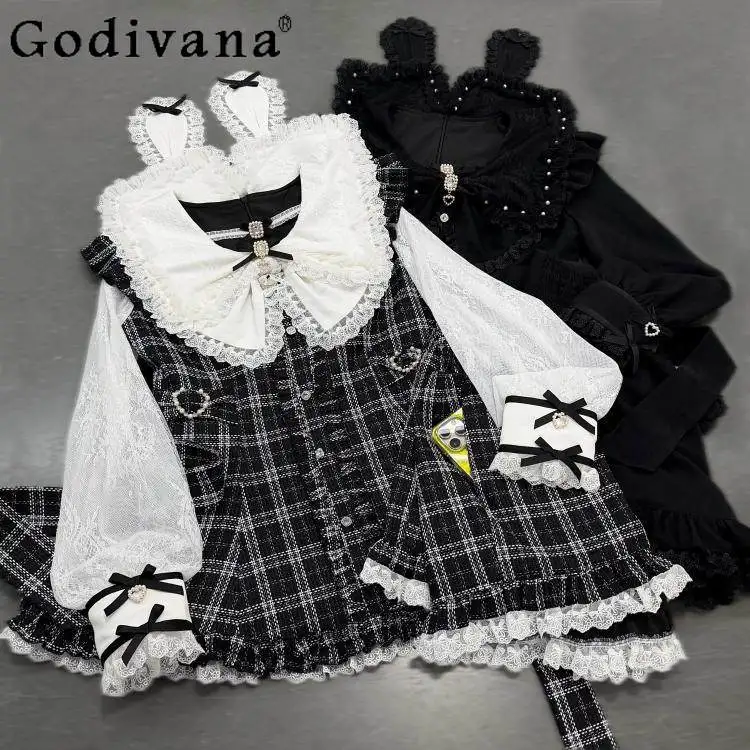 

Японский комплект в клетку с длинными рукавами, весенний, в стиле сладкой Лолиты, с кружевными вставками, топ с кроличьими ушками и шорты, комплект из 2 предметов