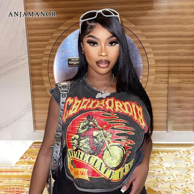 ANJAMANOR Streetwear Baggy Graphic Tee Womens Summer Sleeveless T Shirts Baddie Crop Tops for Women Vintage Clothes D66 BD11 AliExpress