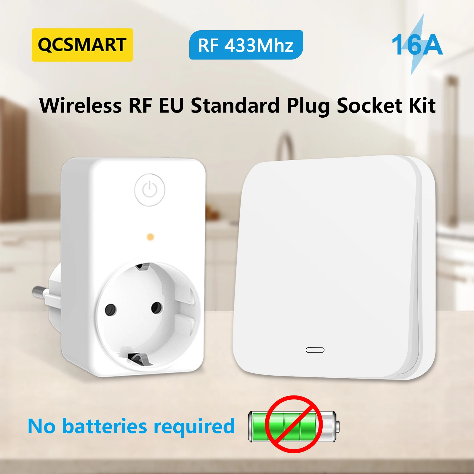 

QCSMART RF 433Mhz 16A EU Socket with IP65 Kinetic Remote No Battery Required For Food Waste Disposer Grinder