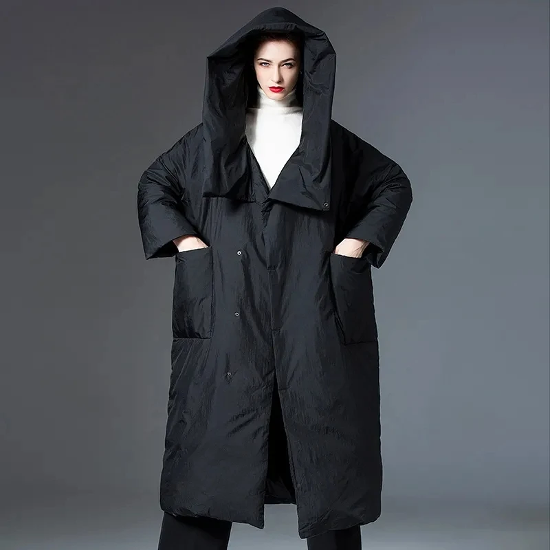 Modemerk Zwart Donsjack Dameskleding 2024 Winter Nieuwe Dikkere Parka \'S Losse Lange Witte Eendendons Capuchon Dames