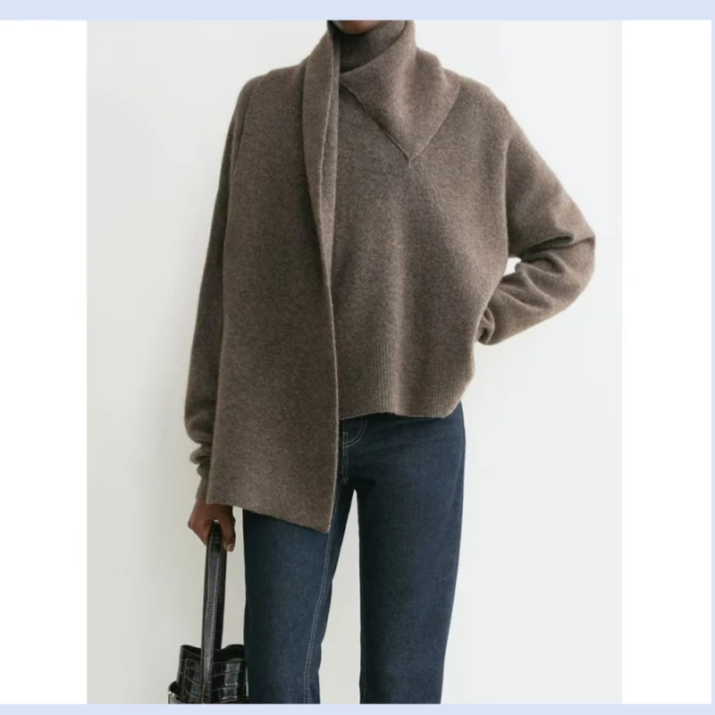 

Nordic TT style scarf collar women's loose and simple long sleeved wool blend knitted sweater