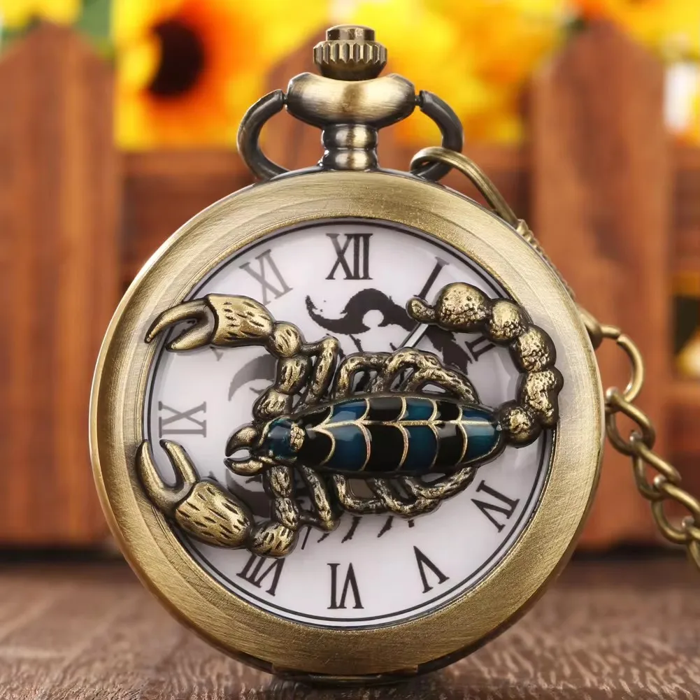 Steampunk 3D Scorpion Pendant Pocket Watch, Retro Metal Jewelry Clock, Necklace Chain