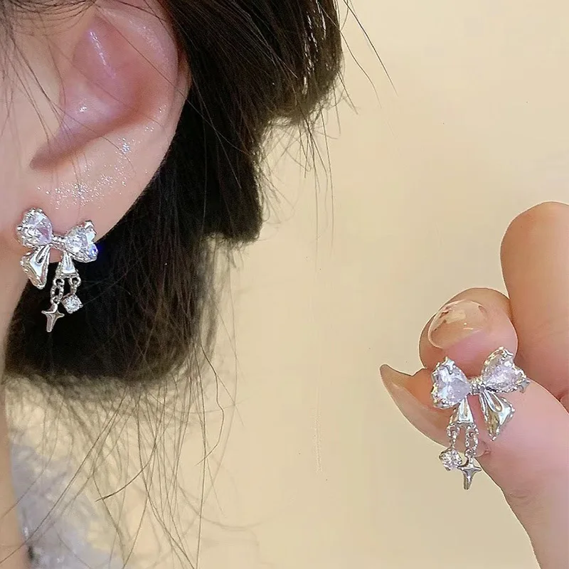 

2025 New Style Silver color Bow Star Pendant (Pair) 925 Sterling Silver Zircon Earrings - Sweet Everyday Accessories