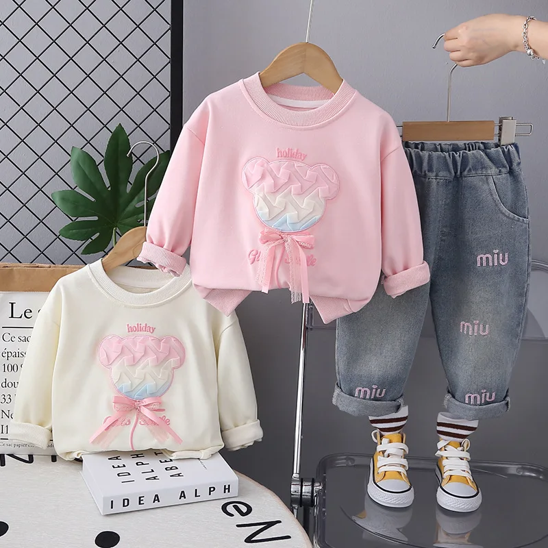 

Spring Toddler Baby Girls Cotton Sweet Bow Tie Pullover Sweatshirt+Embroidery Jeans Set Kid 2PCS Tracksuit Children Outfit 1-6Yr