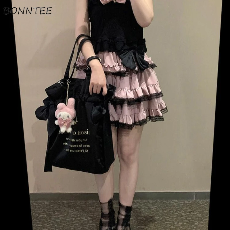 Bow Mini Skirts Women Ruffles Tender All-match Loose A-line Faldas Gothic Sweet Kawaii Lace Youthful Stylish Daily Attractive