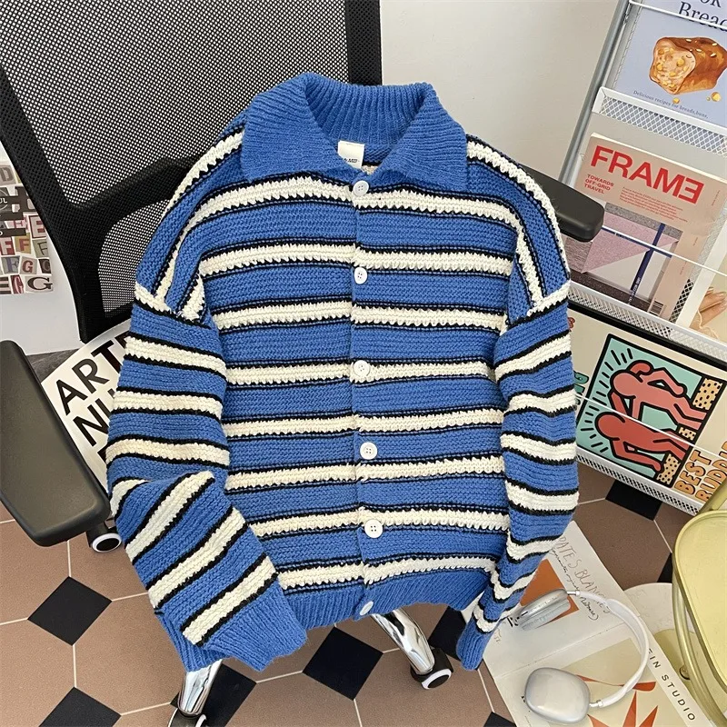 

Loose Men's Knitted Sweater Outerwear Striped Open Cardigan Korean Sle Winter Casual Polyester Fiber Long Sve irt