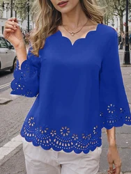 ZANZEA Elegant Women's Blouses Bell Sleeve Openwork Hem Solid Blusas Mujer Casual Scalloped Neck Smock Tops Feminina 2024 New