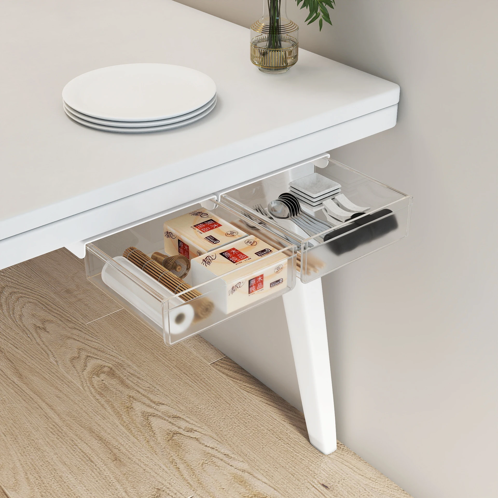 Strong Adhesive Under Desk Drawer, No Tools Needed, Space-Saving Hidden Storage for Cubicle, Dorm Room, or Home Office