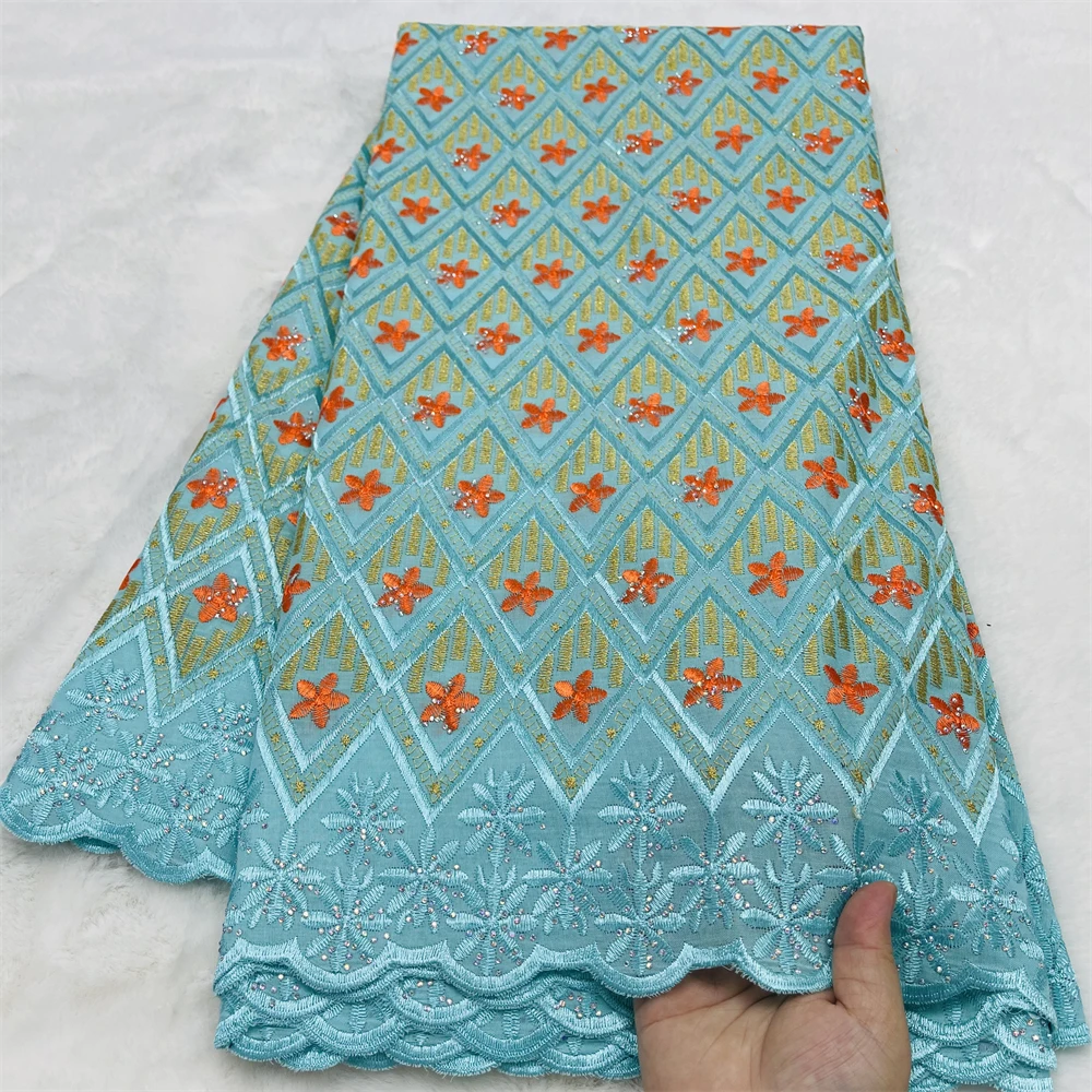 

African Voile Fabric with Stones 2026 Swiss Lace Cotton Voile 5 Yards Women's Dress Material Lightweight Textile for Clothing