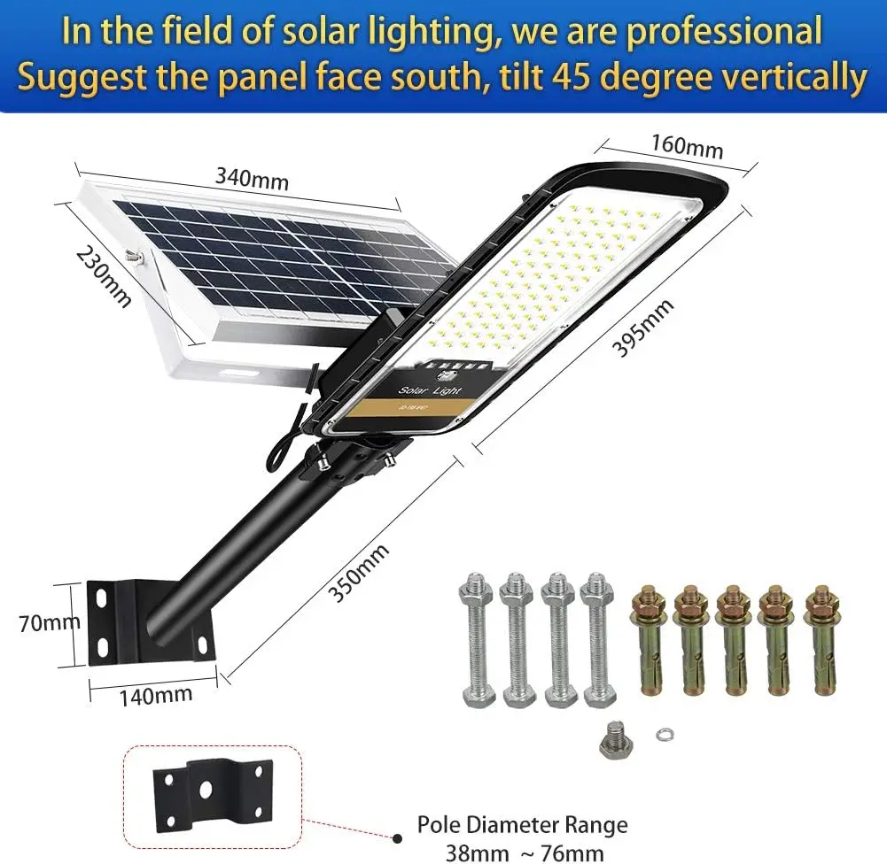 IP67 Waterproof 300W Monocrystalline Remote Control LED Solar Street Light Outdoor Dusk Dawn Security Mounting 6500K 16000LM
