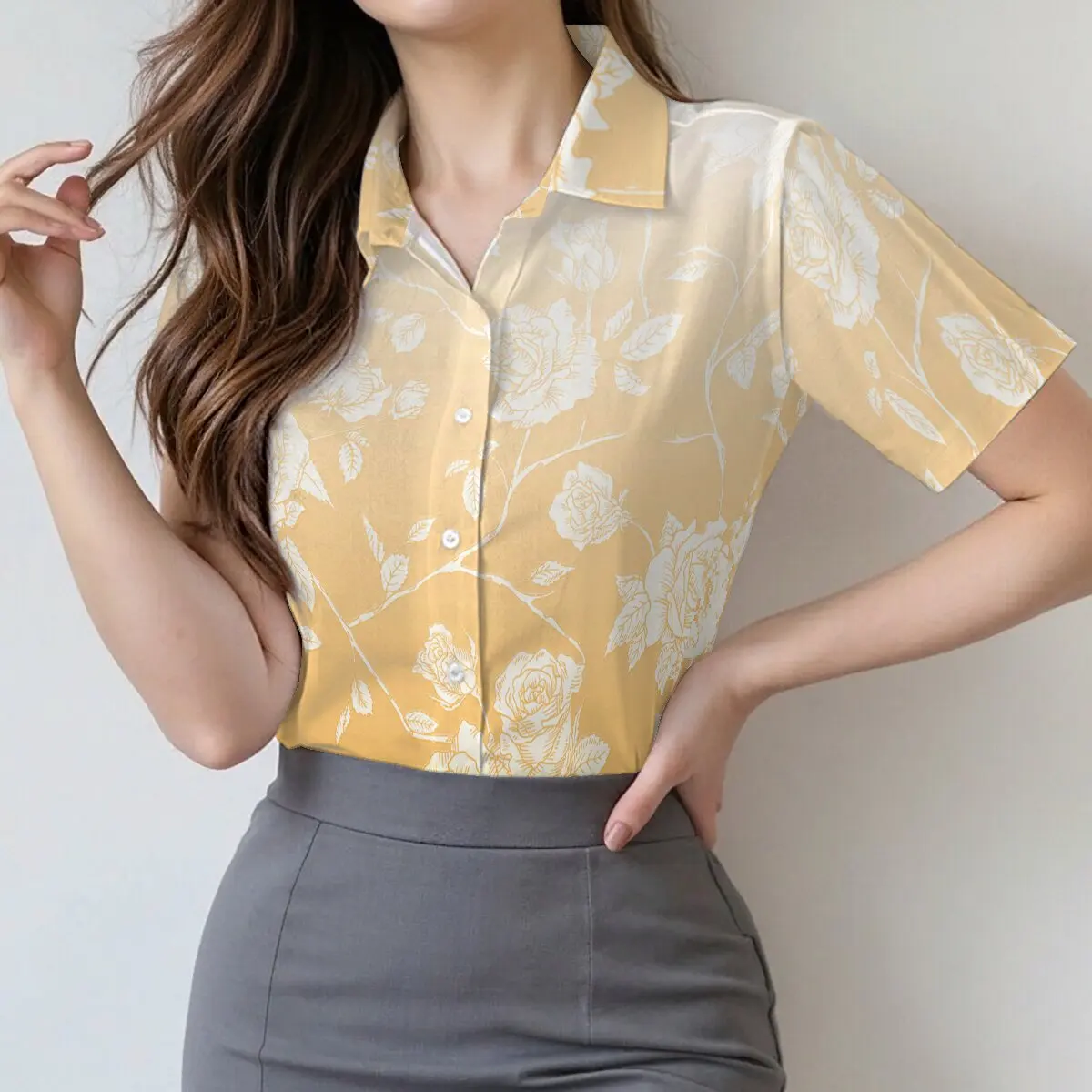 

Summer women's short-sleeve shirt, single-breasted, gradient floral,gentle and healing,for dates,gatherings and social occasions