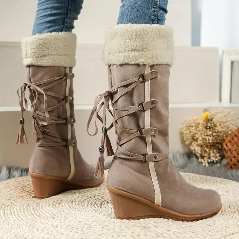 Designer Metal Belt Buckle Suede Knee High Boots Women Winter 2026 Comfort Wedge Heel Snow Boots Women Lambswool Long Booties