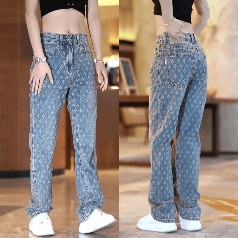 

Premium Feel Embroidered Denim Jeans Men's Casual High Street Loose Straight Leg Long Trousers Faionable Autumn Wear