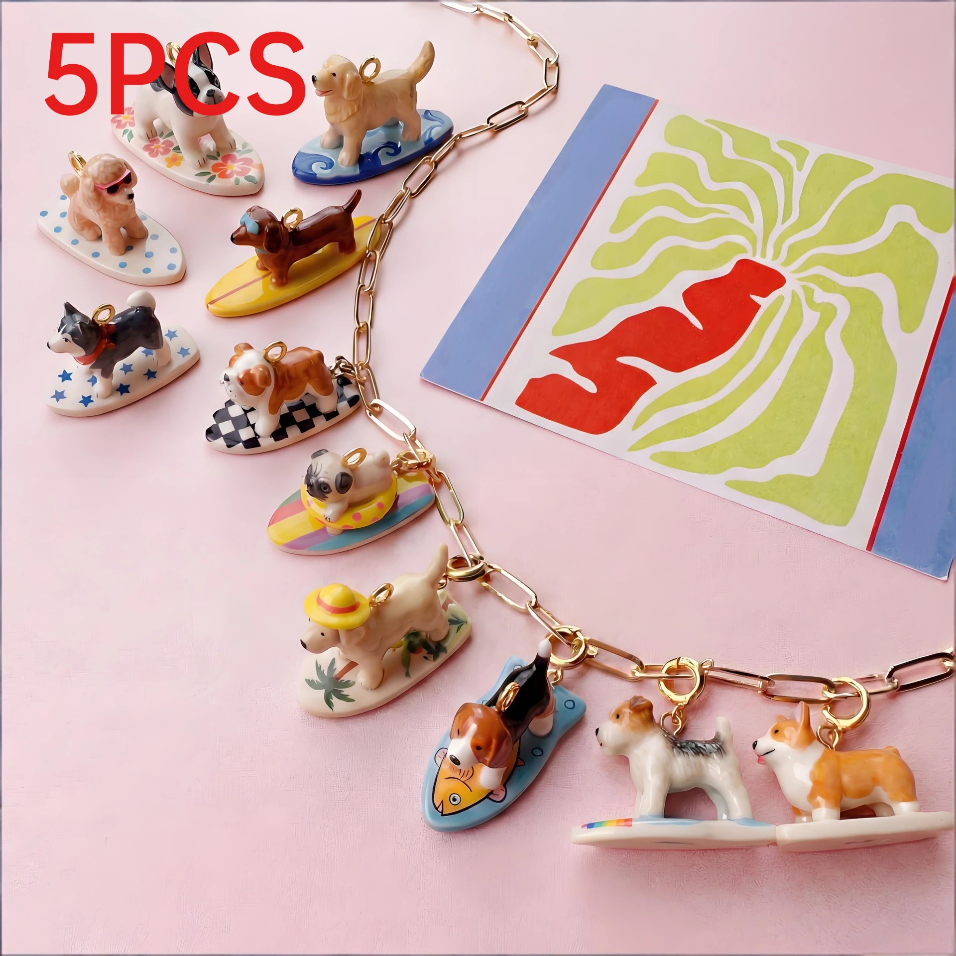 

5Pcs European American Beach Surfing Dog Charms French Bulldog Golden Retriever Pendant DIY Necklace Jewelry Making Accessories