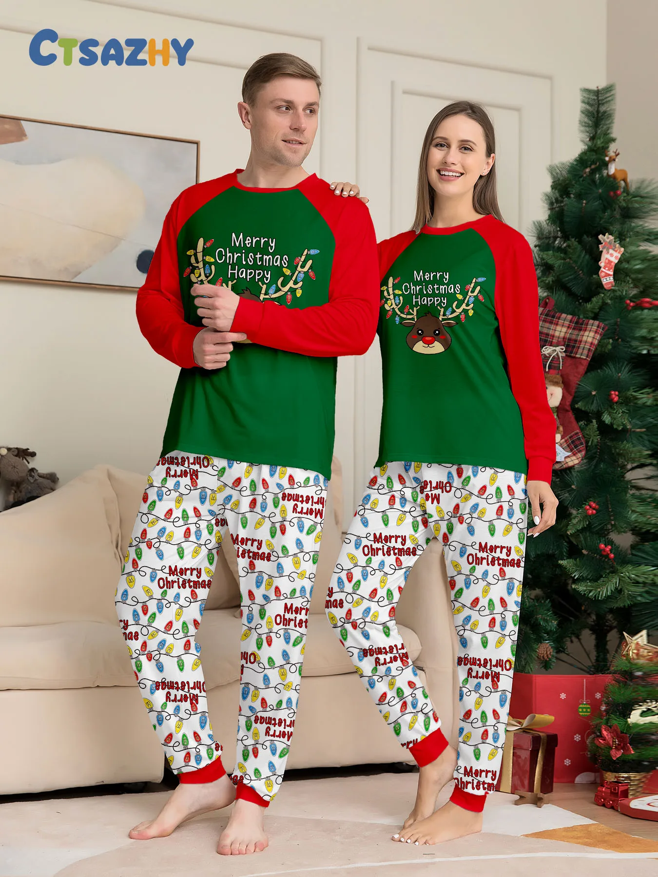 

Christmas Couple Sleepwear Set - Raglan Sleeve Green & Red "Merry Christmas Happy" Print & Festive Light Pants Pajamas