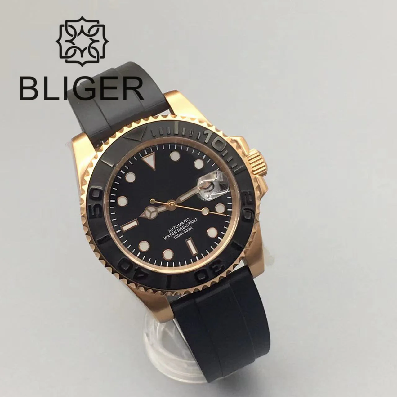 BLIGER 40mm Automatic Men Watch Japan 24 Jewels NH35 Miyota PT Mingzhu Rose Gold Case Brushed Ceremic Bezel Rubber Strap Saphire