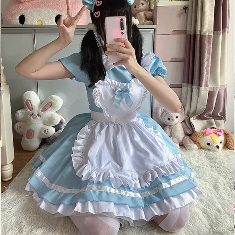 Cute Japanese Classic French Maid Soft Girl Cosplay Maid Uniform Lolita Diffuse Show Dress Fresh Blue Dress