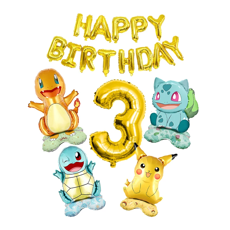 Decoraciones de fiesta de cumpleaños de Pokémon, vajilla temática de Pikachu, vasos de papel, platos, mantel, pancarta de fondo, globo de dígitos,