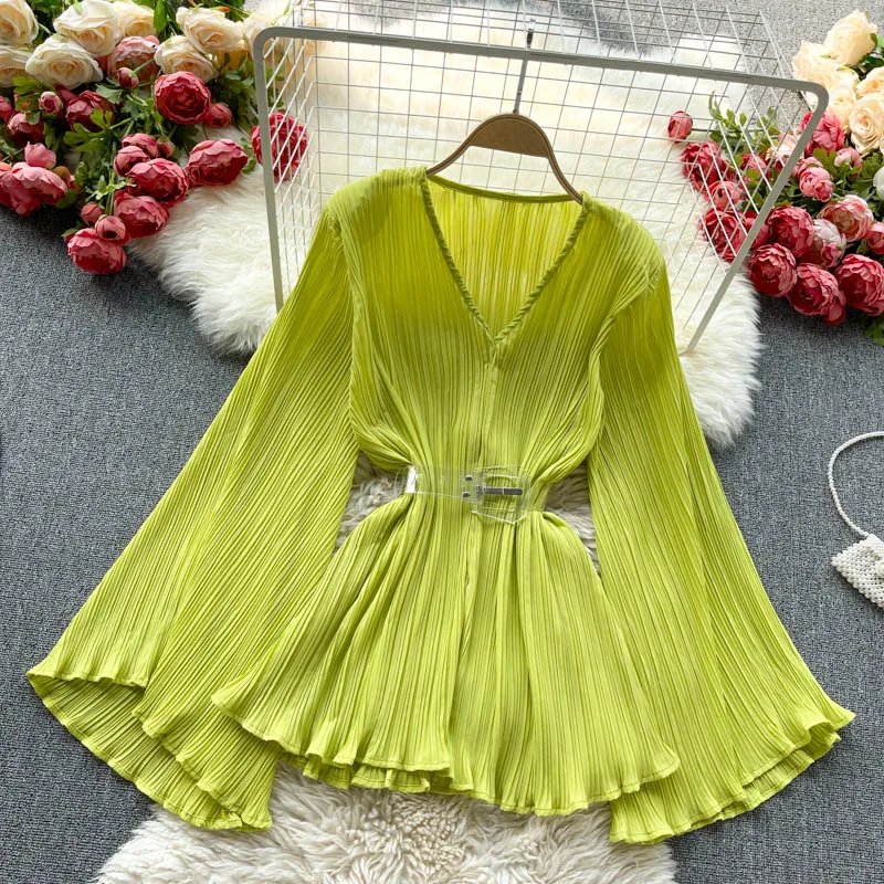 New Spring Autumn Women Sexy V-Neck Flare Sleeve Belt Slim Long Blouse High Quality Miyake Pleated Solid Color Chiffon Shir