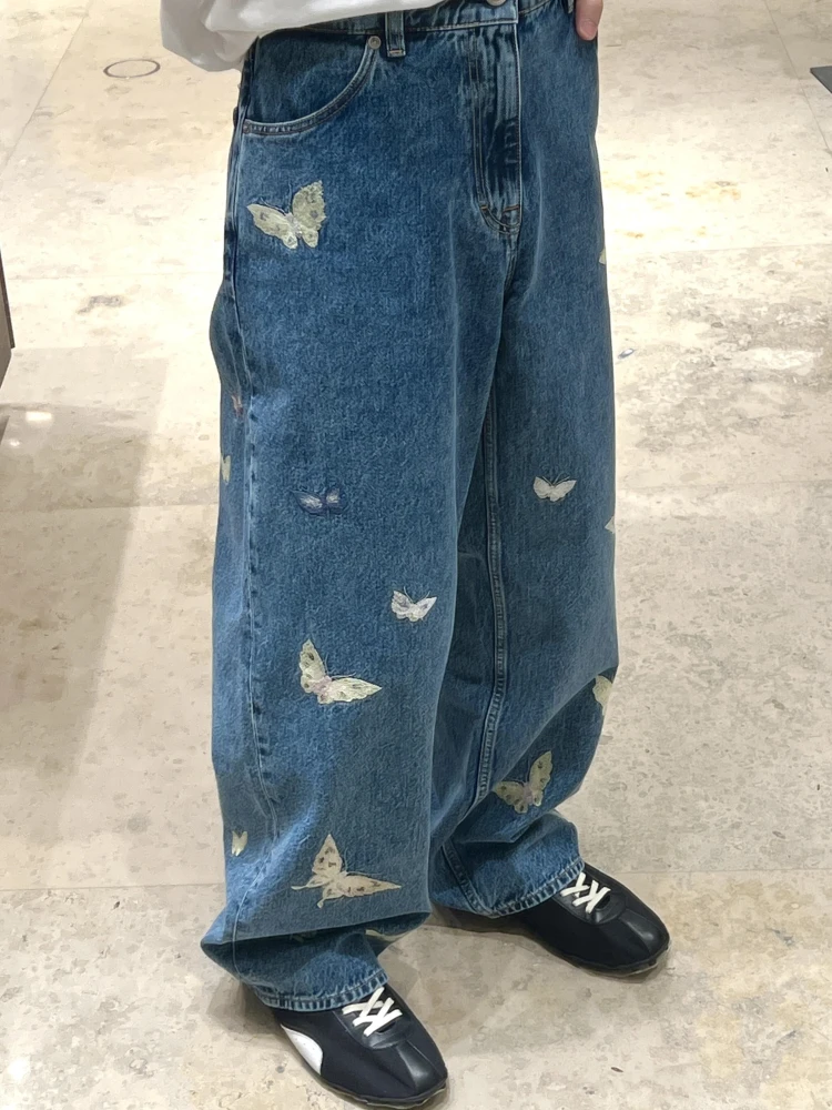 Nuevo 25SS Indigo bordado de mariposa plones vaqueros de pierna ancha hombres mujeres Casual cómodo transpirable plon...