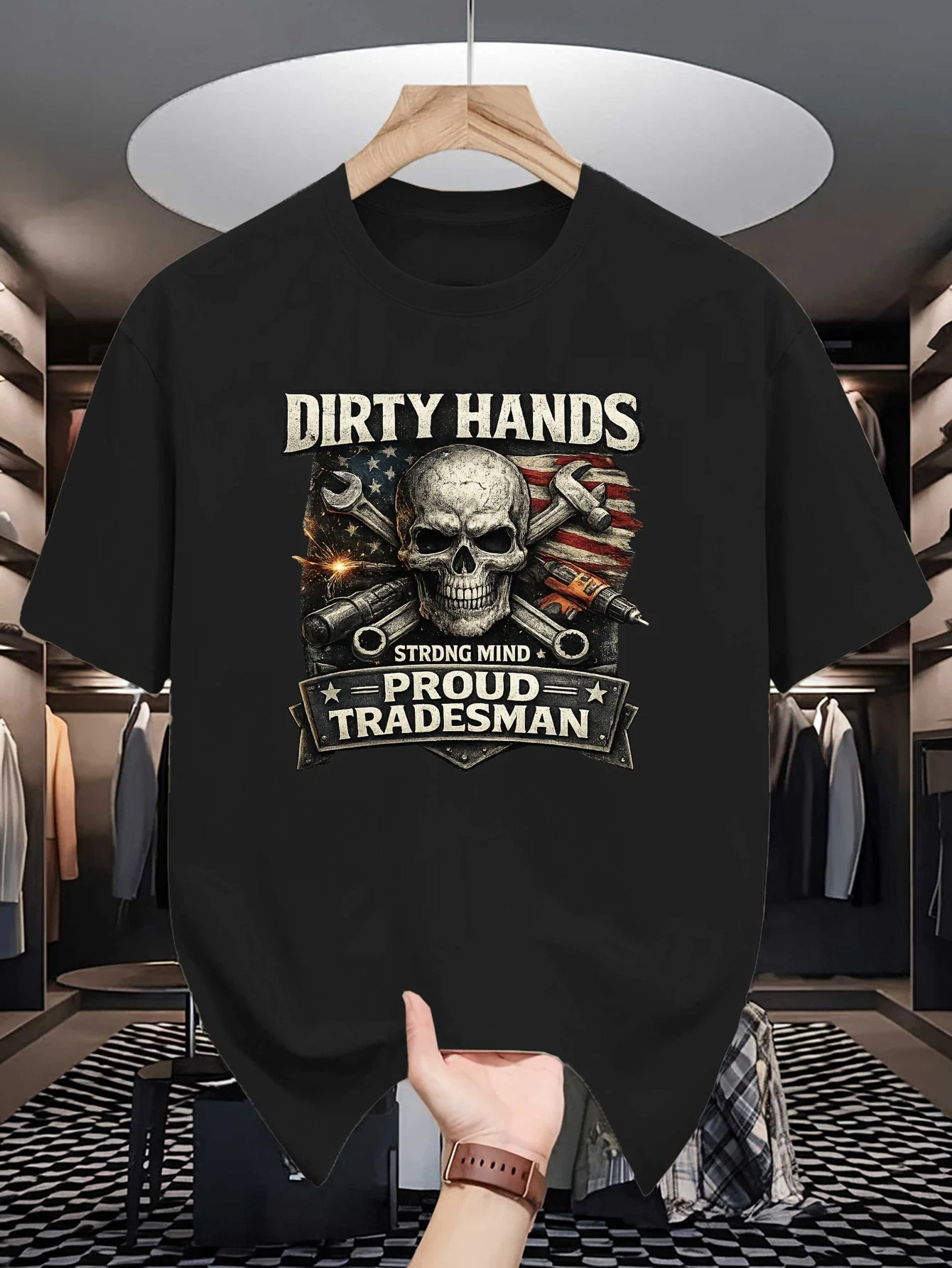 Proud Tradesman Mens Crew Neck T Shirt Skull Tool American Flag Dirty Hands Strong Mind Graphic Short Sleeve Casual Street Tops