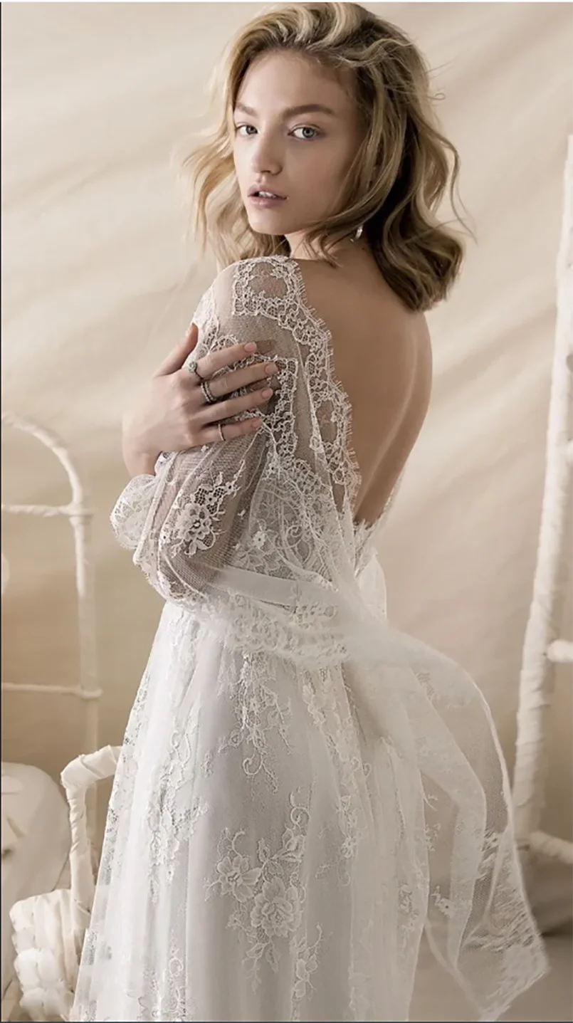 로맨틱 보헤미안 웨딩드레스, 랩 스타일 소프트 A라인 스트랩리스 브라이덜 가운, 리히 호드 풀 레이스 웨딩드레스, 베스티도스 데 노비