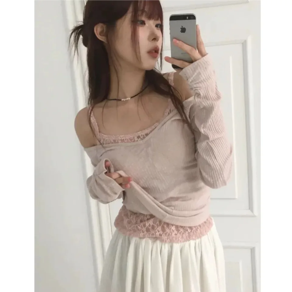 Korean Style Ins Japanese Bubble Flower Lace  Color Strap Vest Underwear Layering Item Sweet Style Hollow out Backless