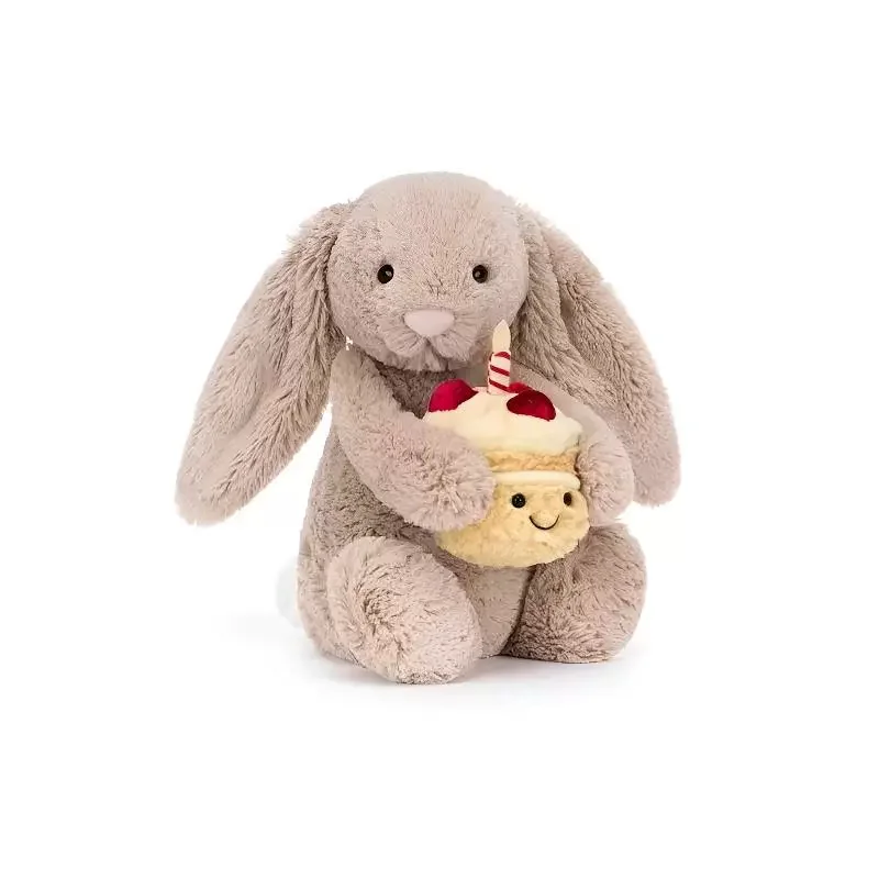 

Мягкая игрушка-кролик в стиле Jellycat: Застенчивый зайчик с тортом на день рождения, милый плюшевый кролик, мягкая игрушка-зайчик, подарок на день рождения для детей