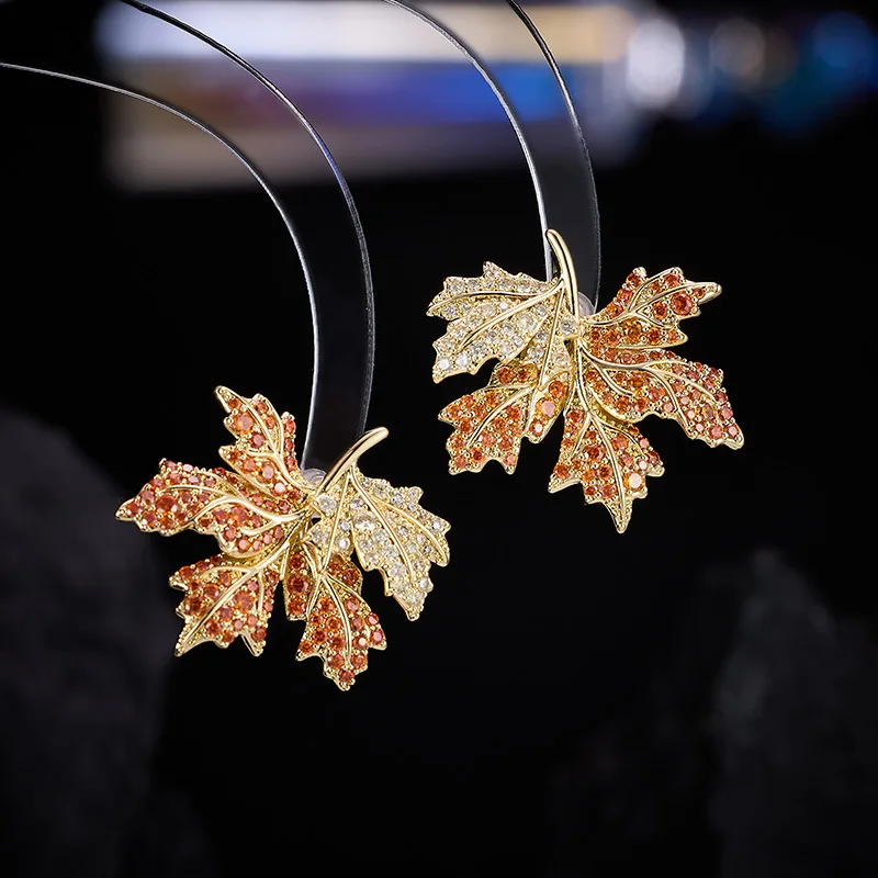 Maple Leaf Stud Earrings for Women Orange Blue Green Cubic Zirconia Statement Jewelry for Banquet Party Gathering