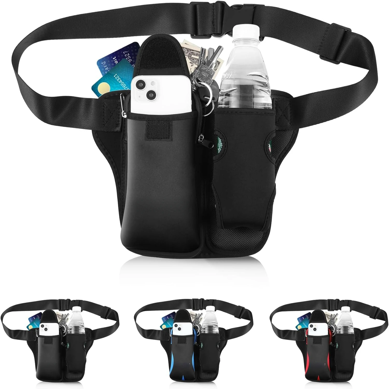 Black Running Belt with Adjustable Strap, Water Bottle Holder, Phone Pocket - Fanny Pack for Men and Women - Fits 6.9" Phones