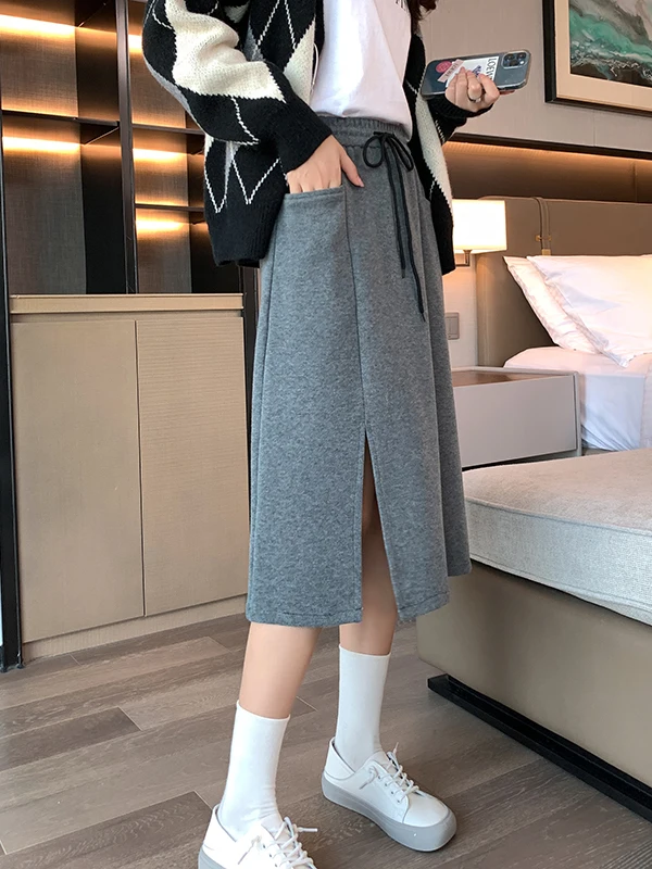 レディース ニット ウール スカート ハイウエスト ストレートカット H-ape カジュアル 通勤 スレ ミッドレングス ワンステップ スプリットスカート