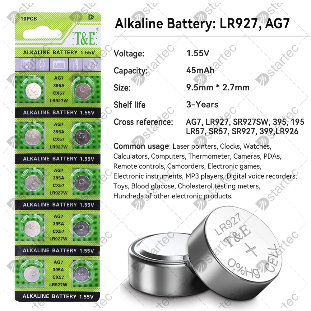 10PCS AG7 LR927 395 1.55V Button Batteries For Watch Toys Remote L927F LR57 SR927 LR926 395A 399 195 Cell Coin Alkaline Battery