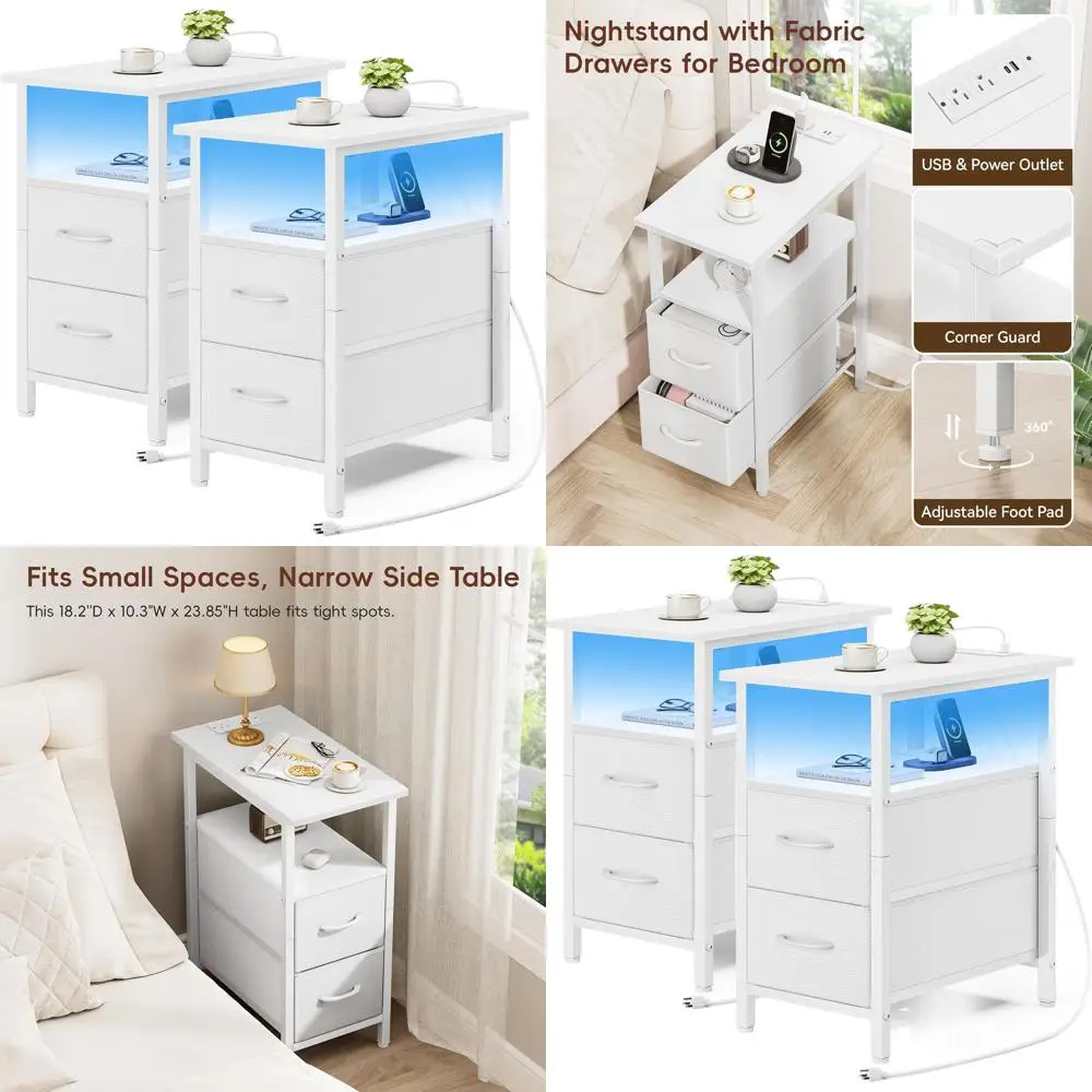 

Set of 2 White Nightstand with Charging Station and LED Lights, Narrow Side Table, LED Night Stand with 2 Fabric Drawers, Bedsid