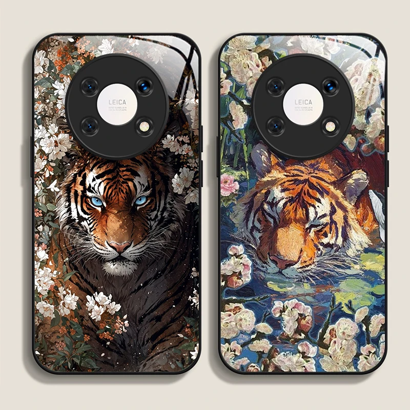 Phone Cases Xiaomi 15T - Kreative Blumen-Tiger-Druck Gehärtetes Glas Handyhülle für