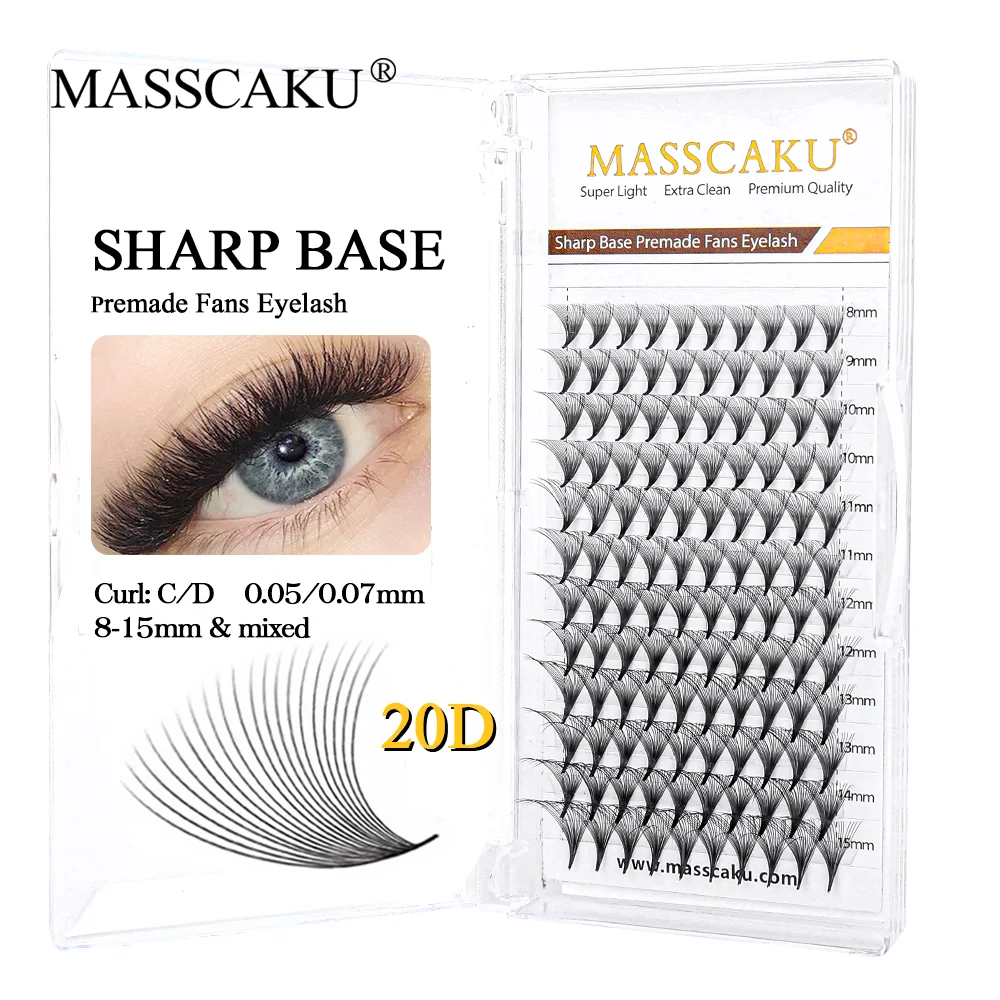 MASSCAKU sharp narrow stem premade fans lash 100% handmade thin pointy base russian volume eyelash extensions makeup cilia