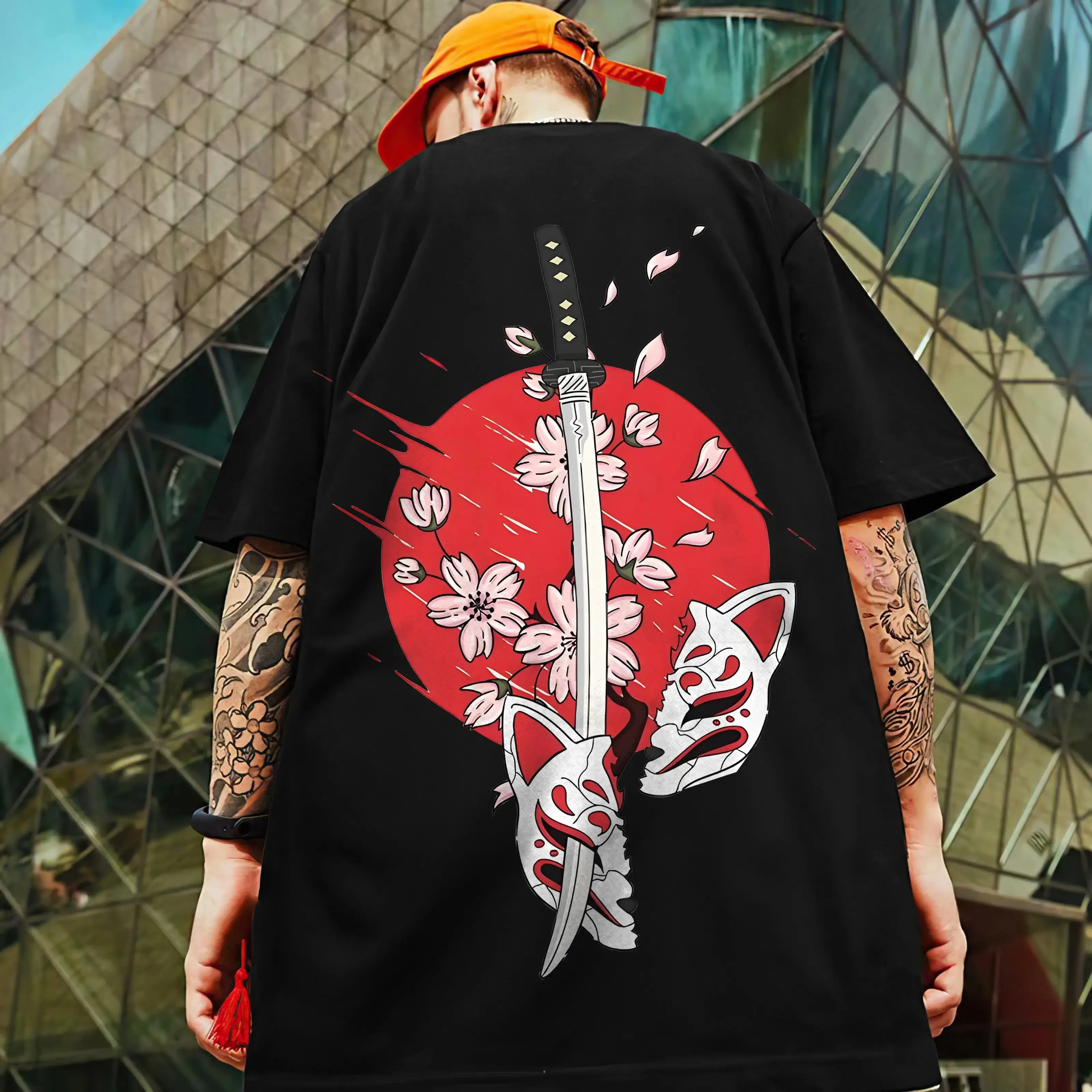 Retro T-Shirts Mens Ncotton Japanese Samurai Sword Print Male Clothing Street Harajuku Short Sleeved Tees Loose Oversized Shirt