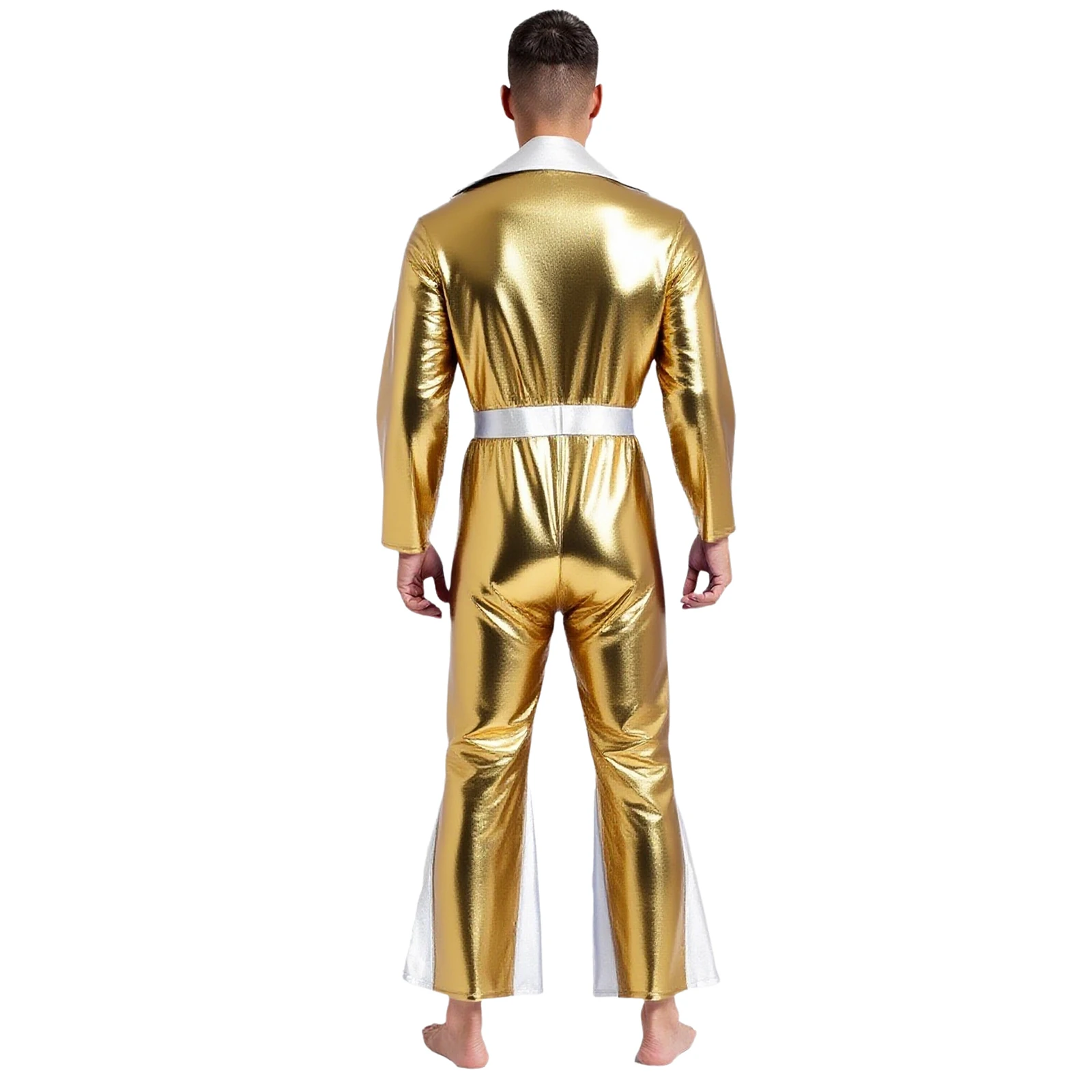 จั๊มสูทดิสโก้ผู้ชาย สีเมทัลลิกวิบวับ แต่งพู่ที่ปกเสื้อ แขนบาน กางเกงขายาวทรงกระบอก สำหรับฮาโลวีน คอสเพลย์ และสวมบทบาท