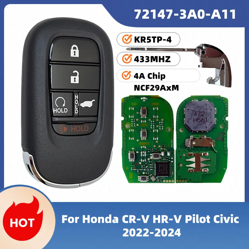 Seven KR5TP-4 72147-3A0-A11 A3C0775510100 5 Button Smart Key Fob 433MHz 4A Chip For Honda Civic CR-V HR-V Pilot Accord 2022-2024