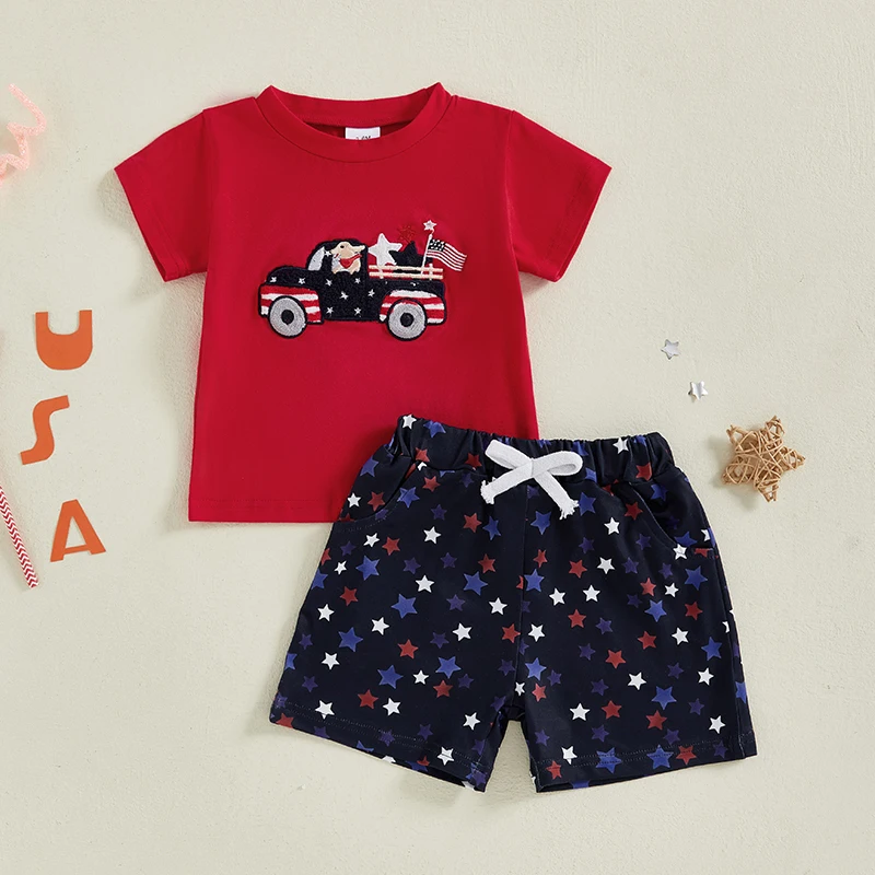 

Комплект шорт для маленьких мальчиков, футболка с короткими рукавами и вышивкой «грузовик» и шорты с принтом звезд, летние комплекты из 2 предметов на 4 июля