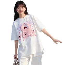 Furry Cry Cat Cartoon Flocked Embroidery Loose Short Sleeve T-shirt Women's Summer Cute Style Couple Match Top Kawaii Tees Shirt