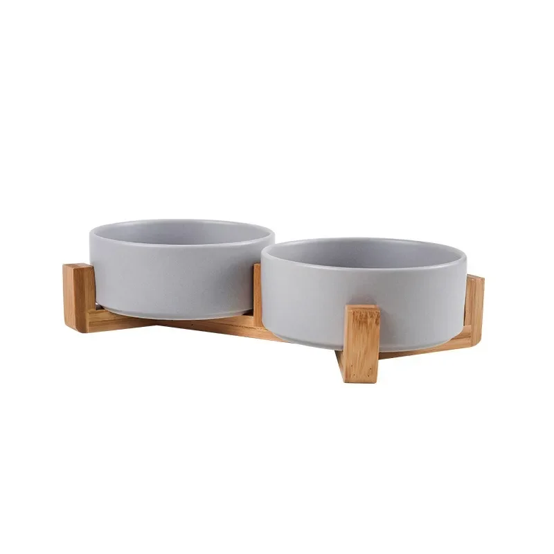 Imagem -03 - Cerâmica Pet Bowl Prato com Suporte de Madeira Tigela Dupla para Cachorro Comida de Gato Alimentador de Água sem Derramamento