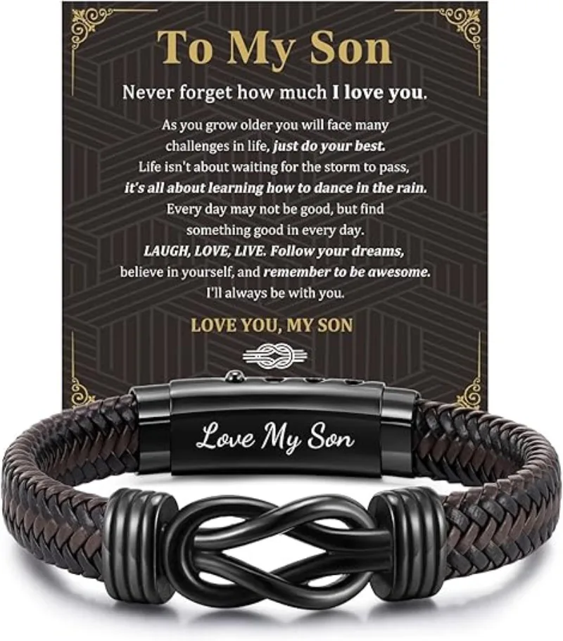 Brown Braided Leather Stainless Steel Infinity Knot Bracelets for Son Man Husband Boyfriend Personalized Birthday Christmas Gift